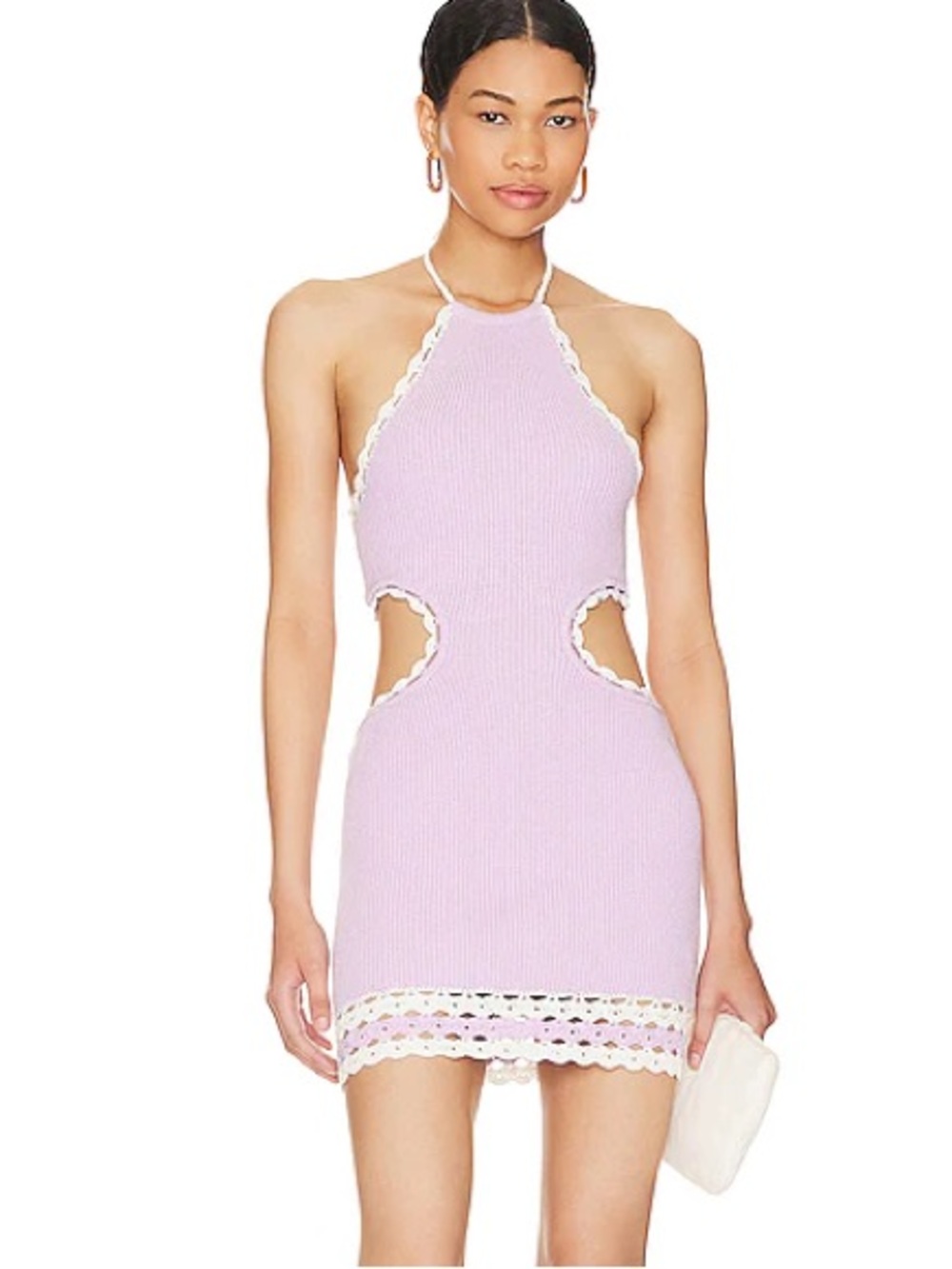 Revolve Majorelle Mallika Crochet Cut Out
Mini Dress in Lilac & White